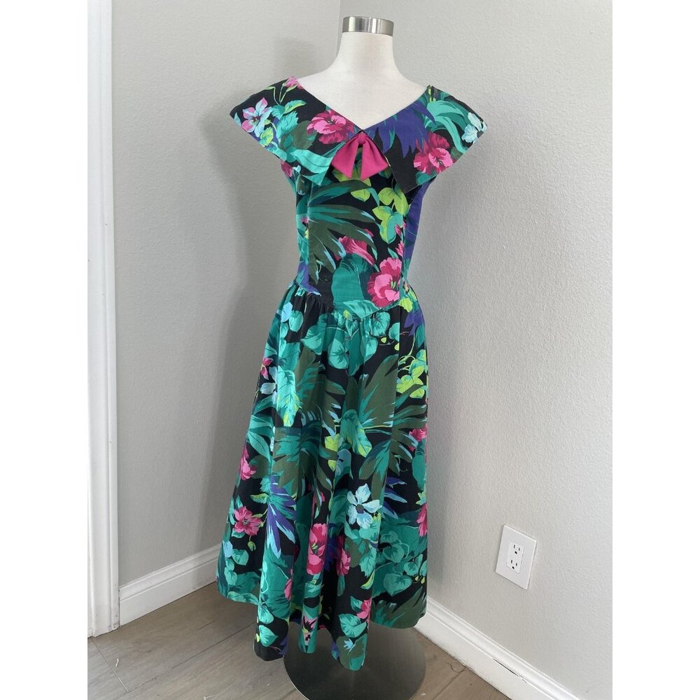 Vintage Lanz Originals Dress Womens 12 Black Floral Cotton Pockets Made USA Midi